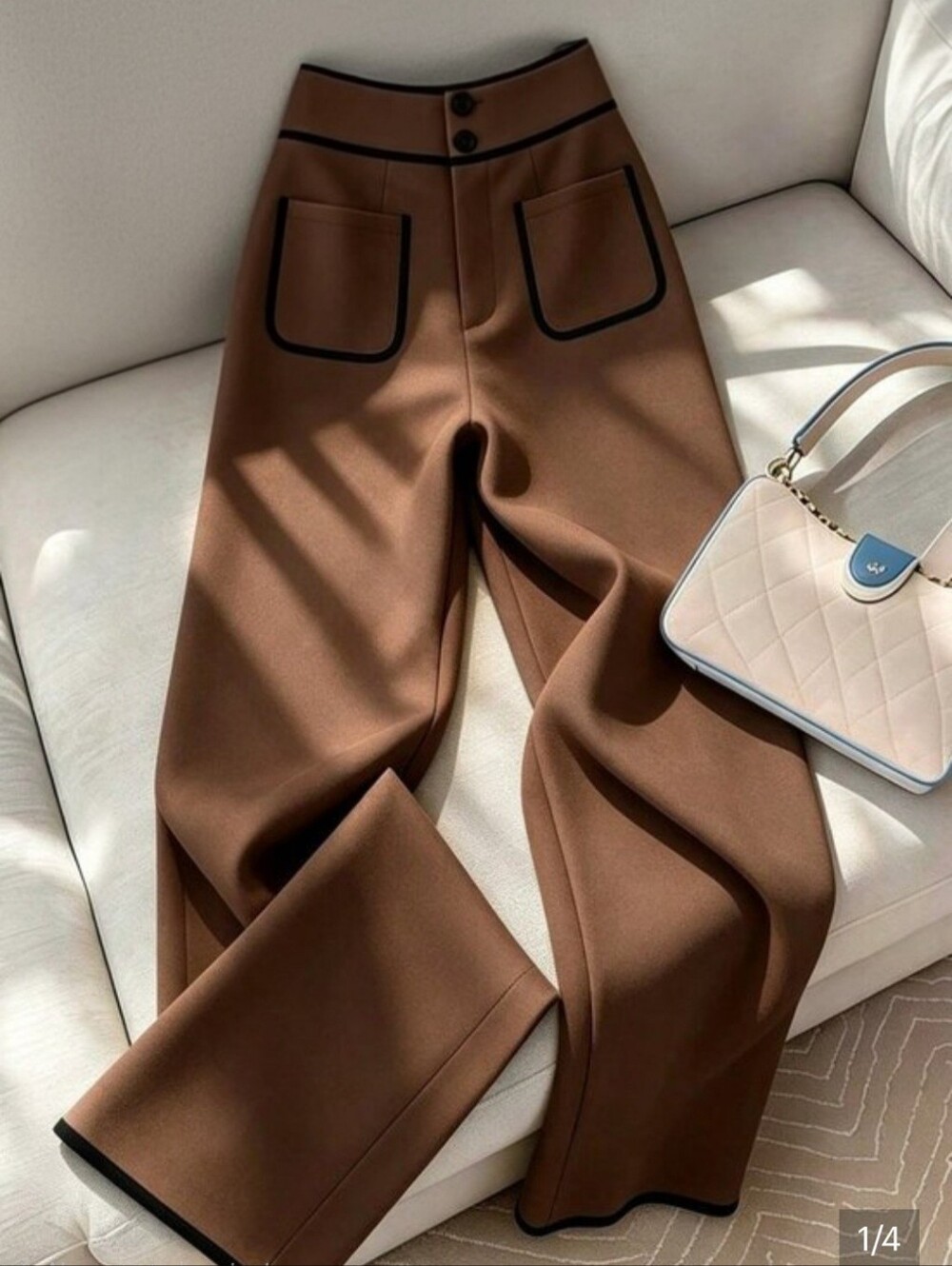 Coffee Brown Casual Women's Wide Leg Suit Pants with Button Waist, Patch Pockets